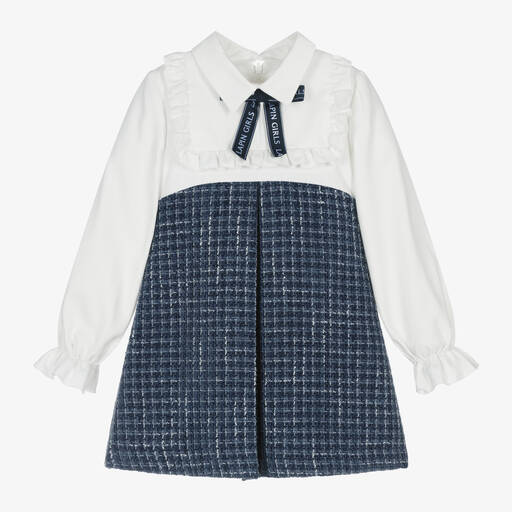 Lapin House-Girls White & Blue Cotton Tweed Dress | Childrensalon