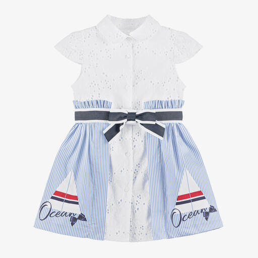 Lapin House-Girls White & Blue Striped Cotton Dress | Childrensalon
