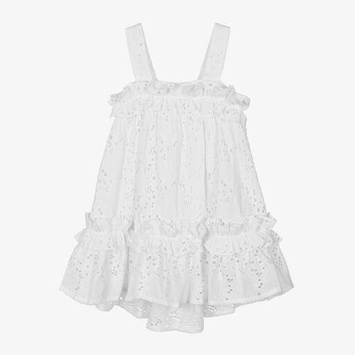 Lapin House-Белое хлопковое платье с вышивкой английской гладью для девочек | Childrensalon