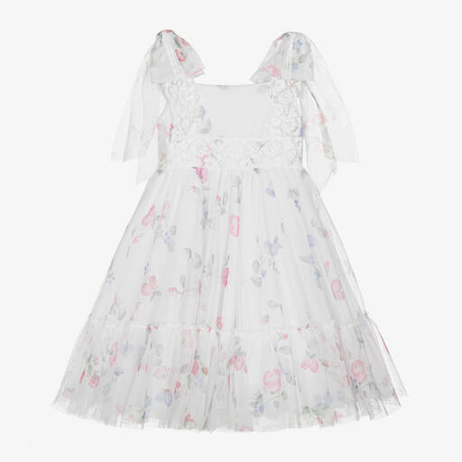 Lapin House-Girls White Floral Tulle Dress | Childrensalon