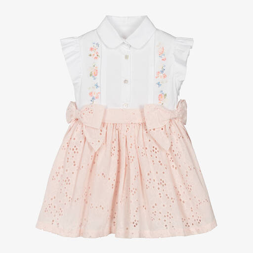 Lapin House-Girls White & Pink Broderie Cotton Dress | Childrensalon