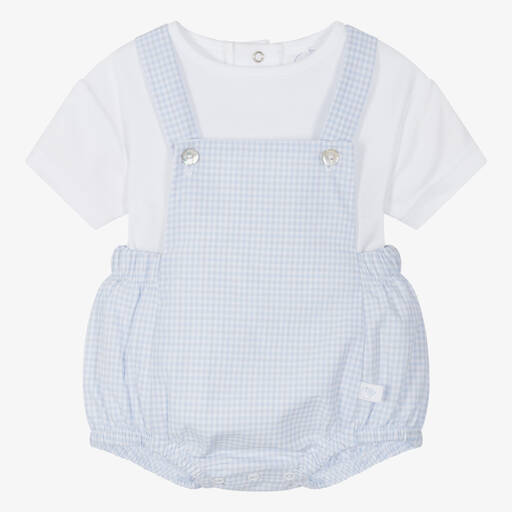 Laranjinha-Baby Boys Blue Checked Babysuit Set | Childrensalon