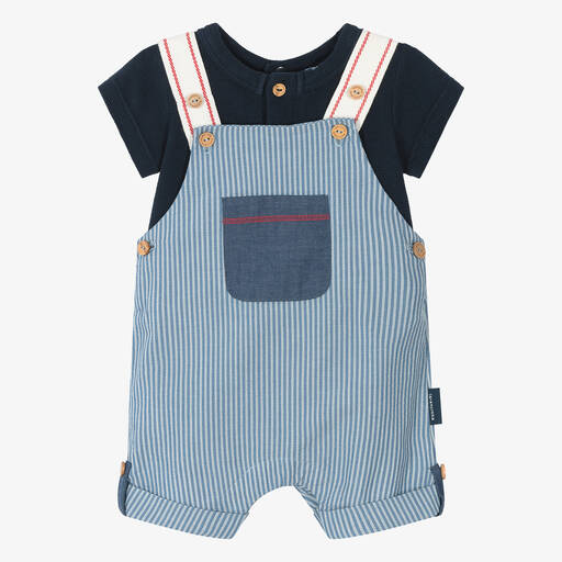 Laranjinha-Baby Boys Blue Striped Cotton Dungaree Set | Childrensalon