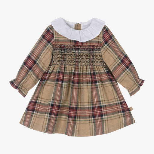 Laranjinha-Baby Girls Beige Check Cotton Dress | Childrensalon