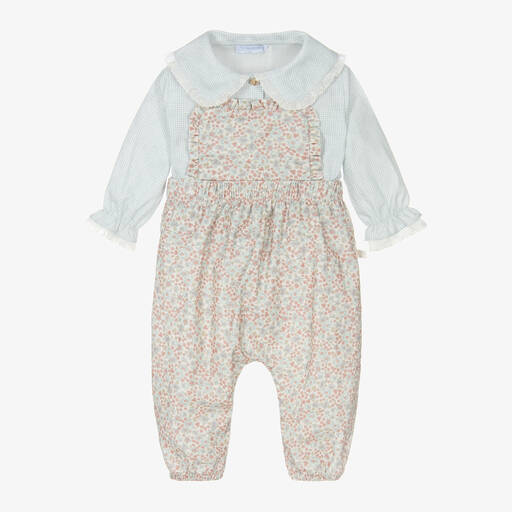 Laranjinha-Baby Girls Pink & Blue Floral Dungaree Set | Childrensalon