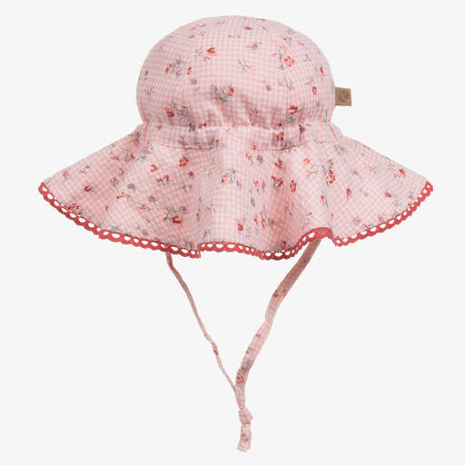 Laranjinha-Baby Girls Pink Check & Floral Sun Hat | Childrensalon
