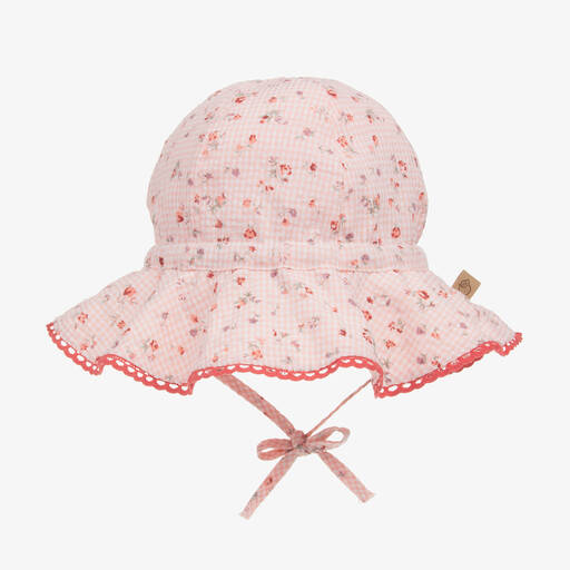 Laranjinha-Baby Girls Pink Check & Floral Sun Hat | Childrensalon