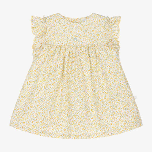 Laranjinha-Baby Girls Yellow Cotton Floral Dress | Childrensalon