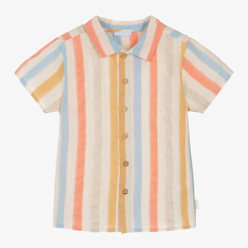 Laranjinha-Boys Beige Stripe Cotton Shirt | Childrensalon
