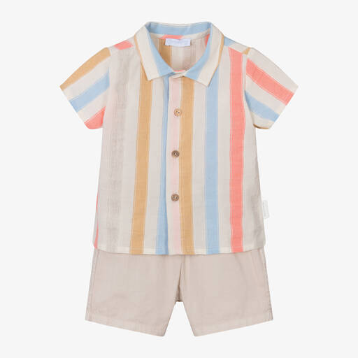 Laranjinha-Boys Beige Stripe Cotton Shorts Set | Childrensalon