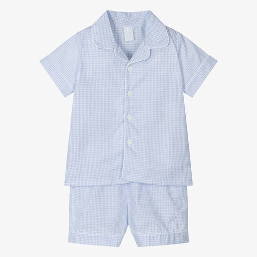 Laranjinha-Boys Blue Checked Cotton Short Pyjamas | Childrensalon