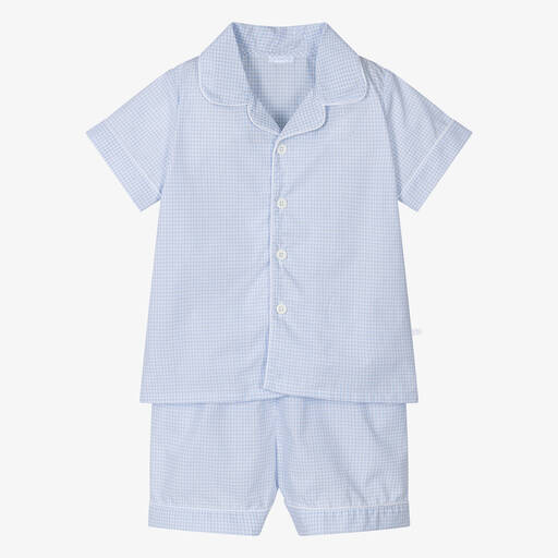 Laranjinha-Boys Blue Checked Cotton Short Pyjamas | Childrensalon