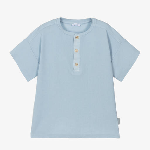 Laranjinha-Boys Blue Cotton Buttoned T-Shirt | Childrensalon