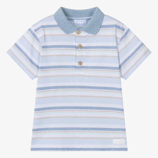 Laranjinha-Boys Blue Striped Cotton Polo Shirt | Childrensalon