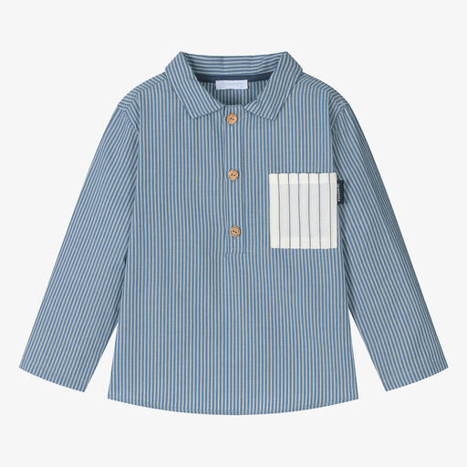 Laranjinha-قميص قطن سيرسوكر مقلم لون أزرق وأبيض للأولاد | Childrensalon