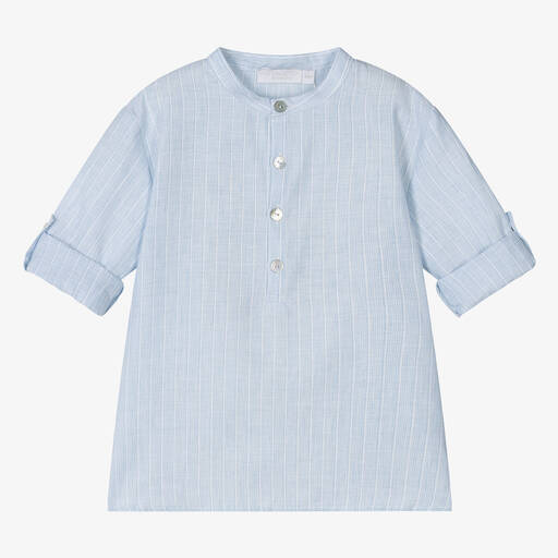 Laranjinha-قميص قطن وكتان مقلم لون أزرق وأبيض للأولاد | Childrensalon