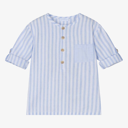 Laranjinha-Boys Blue & White Striped Cotton Shirt | Childrensalon