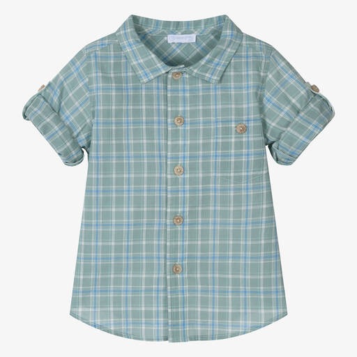 Laranjinha-Boys Green & Blue Cotton Check Shirt | Childrensalon