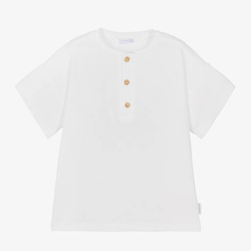 Laranjinha-Boys White Cotton Buttoned T-Shirt | Childrensalon