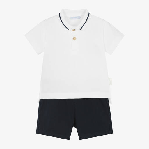Laranjinha-Boys White & Navy Blue Cotton Shorts Set  | Childrensalon