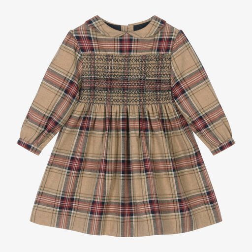 Laranjinha-Girls Beige Check Cotton Dress | Childrensalon