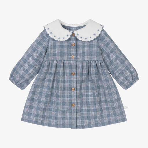 Laranjinha-Girls Blue Check Cotton Dress | Childrensalon