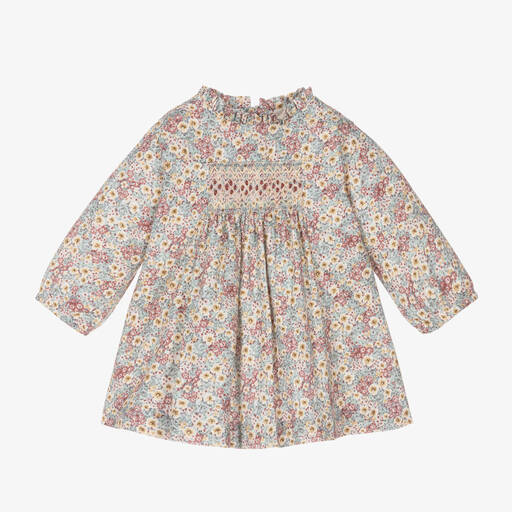 Laranjinha-Girls Blue Floral Smocked Dress | Childrensalon