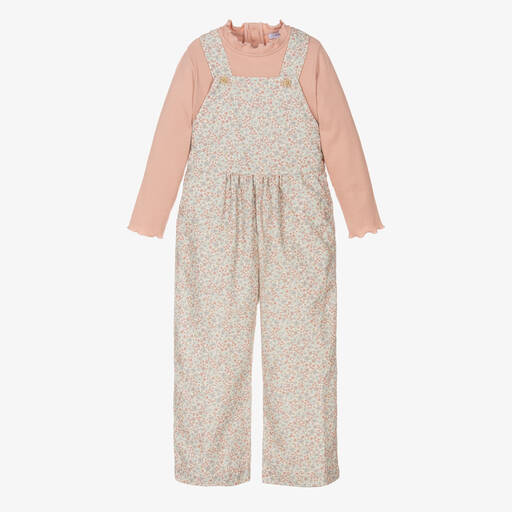 Laranjinha-Girls Pink & Blue Floral Dungaree Set | Childrensalon