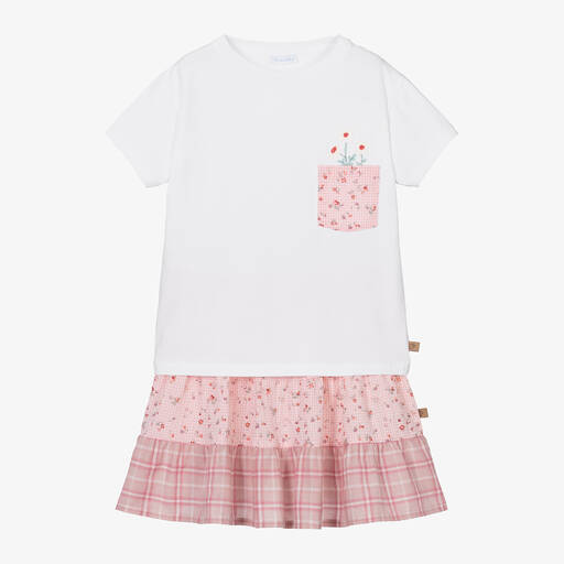 Laranjinha-Girls Pink Cotton & Linen Floral Skirt Set | Childrensalon