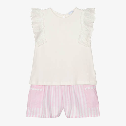 Laranjinha-Girls Pink Stripe Cotton Shorts Set | Childrensalon