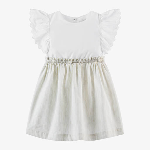 Laranjinha-Girls White & Beige Stripe Dress | Childrensalon
