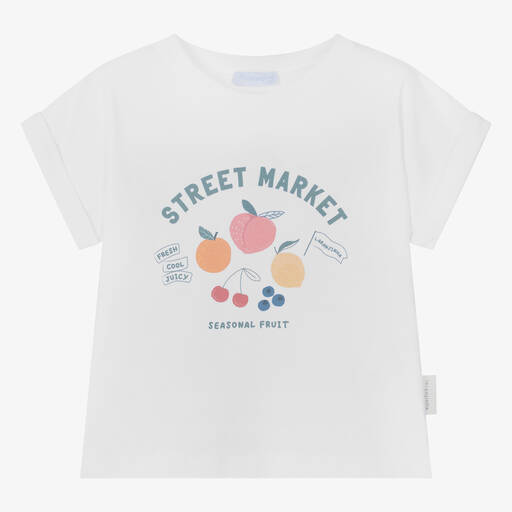 Laranjinha-Girls White Cotton Fruit T-Shirt | Childrensalon