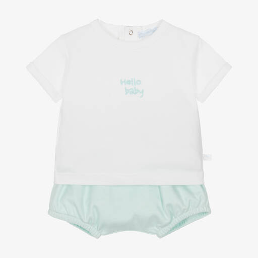 Laranjinha-Mint Green & White Cotton Baby Shorts Set | Childrensalon