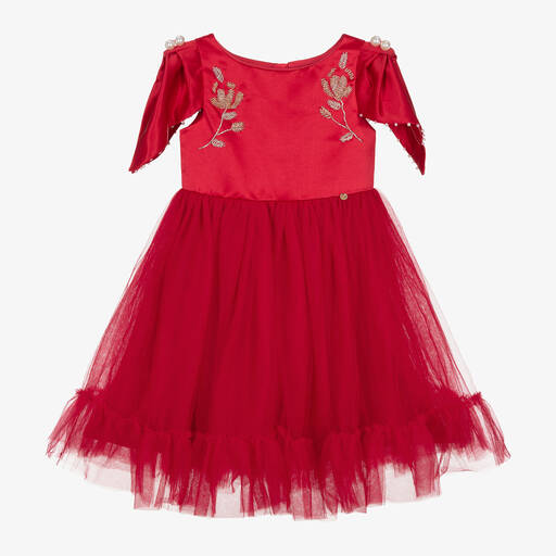 Le Mu-Красное платье из атласа и тюля для девочек | Childrensalon