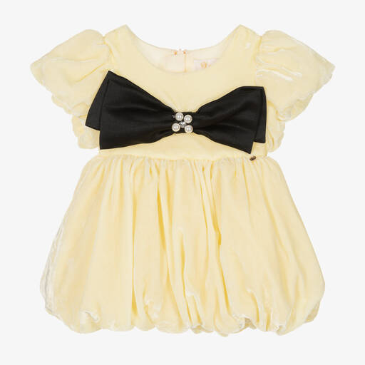 Le Mu-Yellow Bow Velvet Baby Dress | Childrensalon