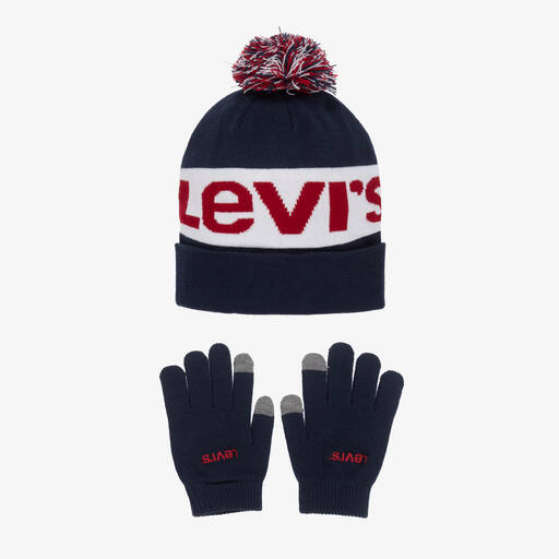 Levi's-Boys Navy Blue Knitted Hat & Gloves Set | Childrensalon