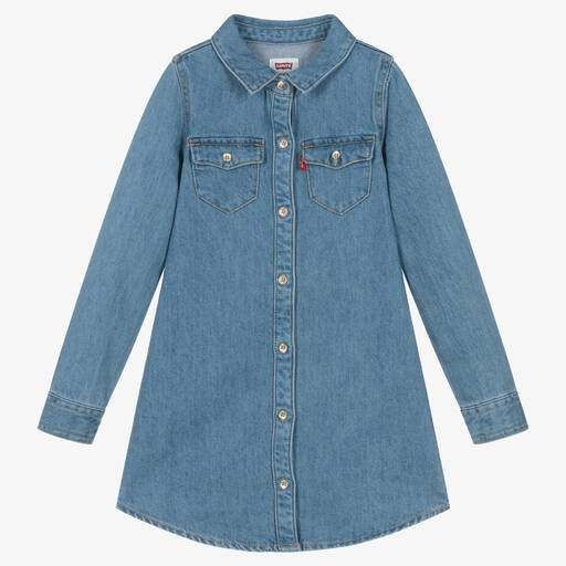 Levi's-فستان بطابع قميص قطن دنيم عضوي لون أزرق | Childrensalon