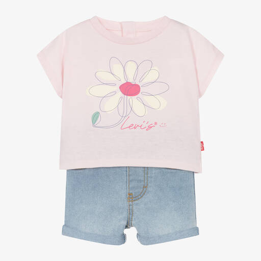 Levi's-Girls Pink Floral Cotton Shorts Set | Childrensalon