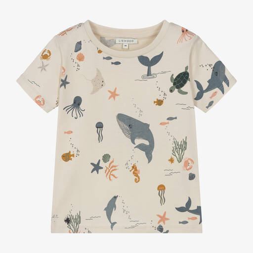 Liewood-Boys Beige Cotton Sea Creatures T-Shirt | Childrensalon