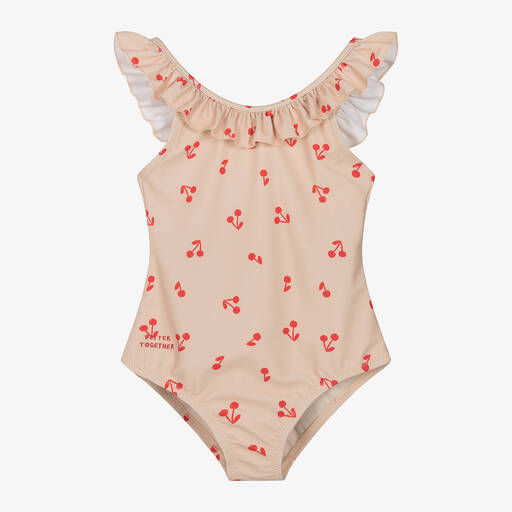 Liewood-Girls Pink Cherry Print Ruffle Swimsuit (UPF 40+) | Childrensalon