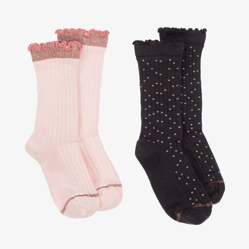 Lili Gaufrette-Girls Grey & Pink Cotton Socks (2 Pack) | Childrensalon