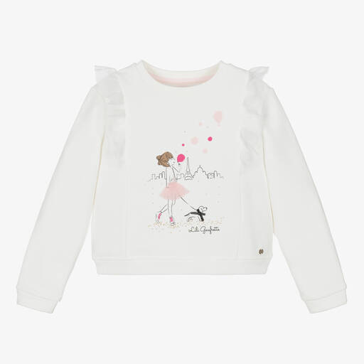 Lili Gaufrette-Girls White Cotton Paris Sweatshirt  | Childrensalon