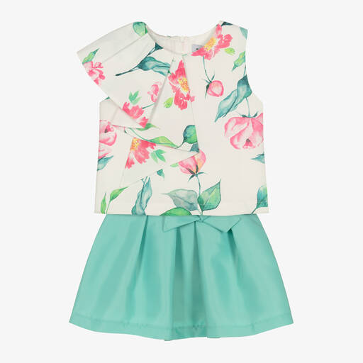 Mama Luma-Girls Green Floral Satin Skirt Set | Childrensalon