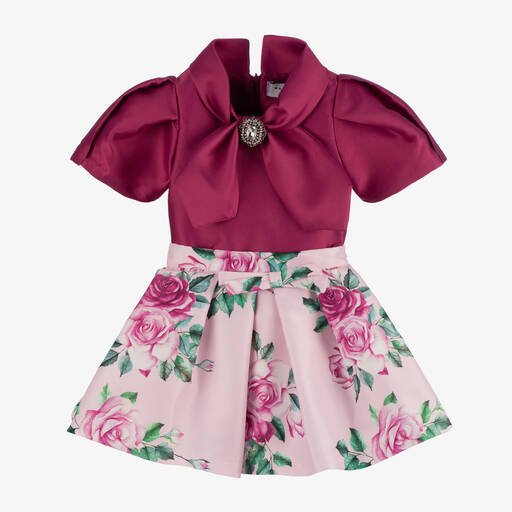 Mama Luma-Girls Pink Flower Print Satin Skirt Set | Childrensalon