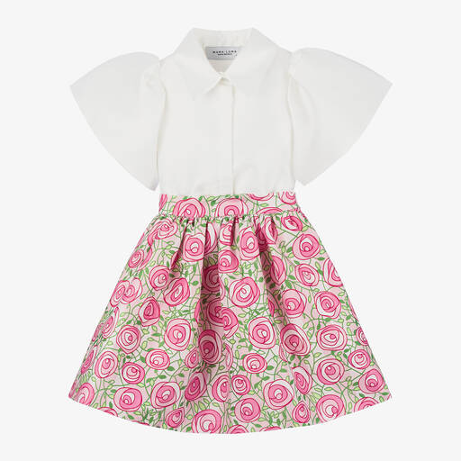 Mama Luma-Girls Pink & White Rose Print Skirt Set | Childrensalon