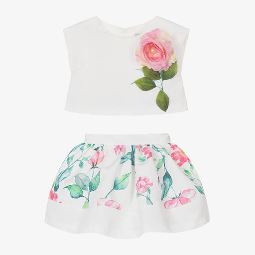 Mama Luma-Girls White Floral Satin Skirt Set | Childrensalon