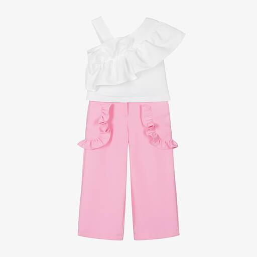 Mama Luma-Girls White & Pink Ruffle Trouser Set | Childrensalon