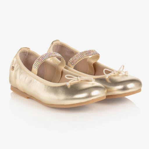 Manuela de Juan-Золотистые кожаные туфли на ремешке со стразами | Childrensalon