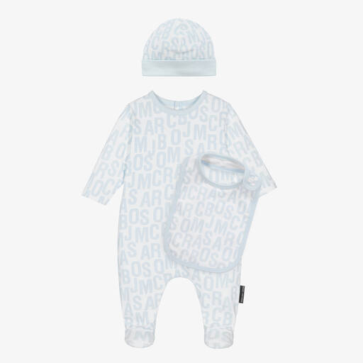 MARC JACOBS-Boys Blue Cotton Jumbled Logo Babysuit Set | Childrensalon