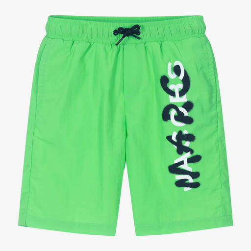 MARC JACOBS-Boys Neon Green Spray Logo Swim Shorts | Childrensalon